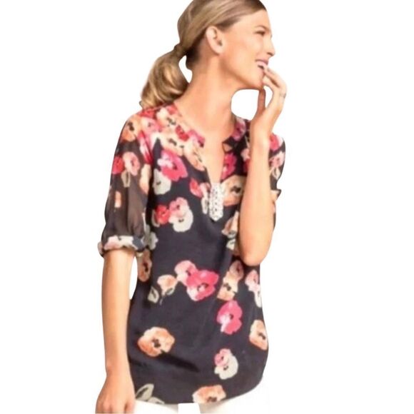 Cabi #971 Poppy Floral Chiffon Semi Sheer Blouse • Small - Picture 2 of 13